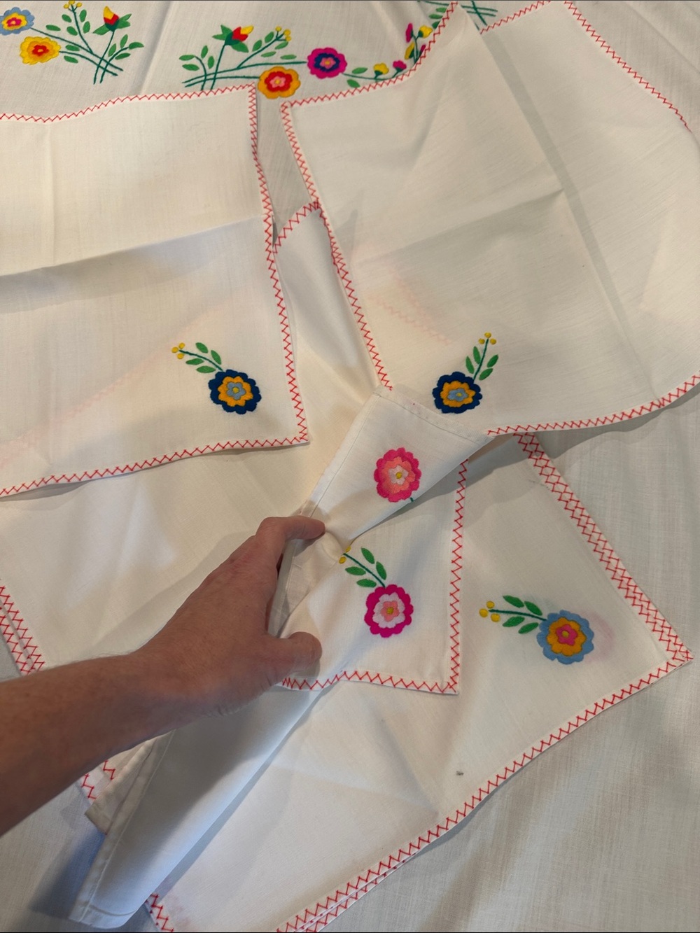 Vintage White Table Linen with Pink, Yellow, Blue & Green Floral Embroidery - Picture 7 of 9